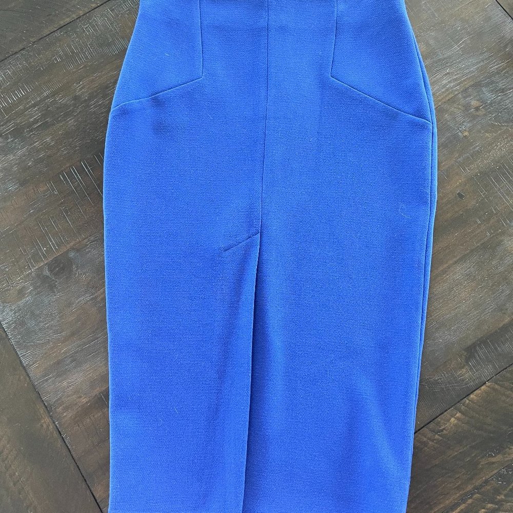 High-waisted Blue Pencil Skirt with Front Slit